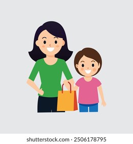 A smiling mother shopping with her child at Black Friday vector artwork