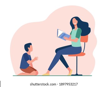 Smiling mother sitting and reading book to son. Study, chair, kid flat vector illustration. Motherhood and family concept for banner, website design or landing web page
