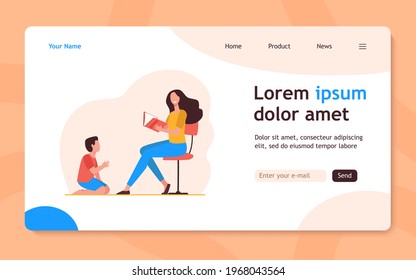 Smiling mother sitting and reading book to son. Study, chair, kid flat vector illustration. Motherhood and family concept for banner, website design or landing web page