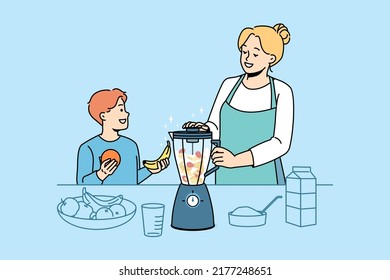 Smiling mother and small son make healthy fruit smoothie in blender at home kitchen. Happy mom and child prepare nutrition drink or juice. Vitamin eating and vegetarian. Vector illustration. 