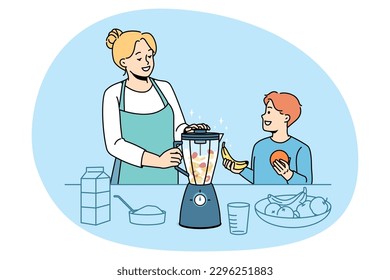 Smiling mother and small son make healthy fruit smoothie in blender at home kitchen. Happy mom and child prepare nutrition drink or juice. Vitamin eating and vegetarian. Vector illustration.