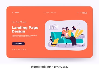 Smiling mother taking selfie with children on phone flat vector illustration. Cartoon mom sitting on couch, holding baby and daughter standing near her. Family and digital technology concept