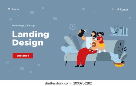 Smiling mother taking selfie with children on phone flat vector illustration. Cartoon mom sitting on couch, holding baby and daughter standing near her. Family and digital technology concept