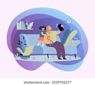 Smiling mother taking selfie with children on phone flat vector illustration. Cartoon mom sitting on couch, holding baby and daughter standing near her. Family and digital technology concept