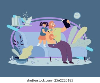 Smiling mother taking selfie with children on phone flat vector illustration. Cartoon mom sitting on couch, holding baby and daughter standing near her. Family and digital technology concept