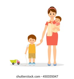 Smiling mother with two children.Mother hold her baby in sling ring.Vector illustration