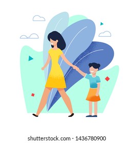 Smiling Mother Walking with Daughter in Urban City Park. Cartoon Happy Family Characters Having Rest. Weekend or Summer Holidays. Vacation Together. Parent and Children. Vector Flat Illustration