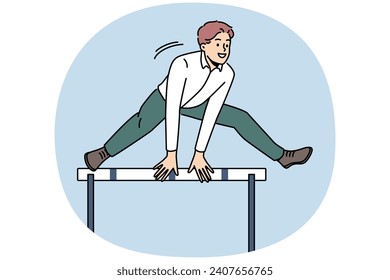 Smiling motivated businessman jumping over obstacle show problem solution. Happy male employee overcome barrier solve trouble. Challenge concept. Vector illustration.