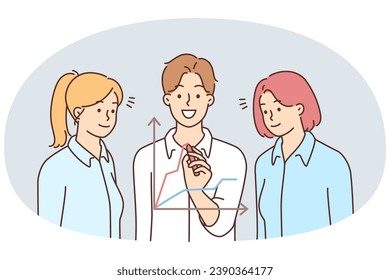 Smiling motivated businesspeople work on financial graph together. Happy employee drawing chart engaged in financial brainstorming. Teamwork. Vector illustration.