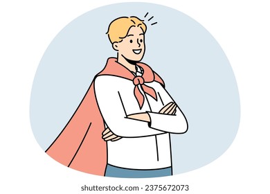Smiling motivated man wearing superman coat satisfied with achievement or accomplishment. Happy successful businessman in superhero coat. Vector illustration.
