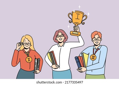 Smiling motivated woman holding golden trophy win first place. Happy clever people winners in competition. Education and success, personal achievement. Vector illustration. 