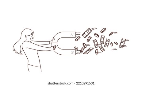 Smiling motivated woman with magnet collect money. Happy female gather finance and cash. Rich and wealth, financial success. Vector illustration. 