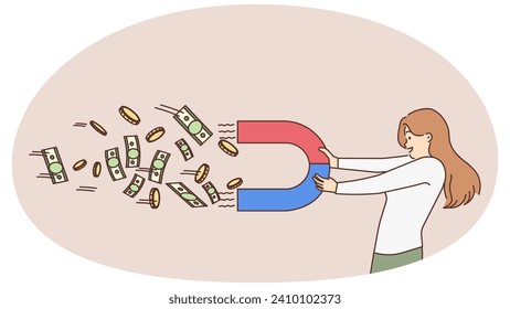 Una mujer motivada sonriente con imán recauda dinero. Feliz reunión de mujeres en finanzas y dinero en efectivo. Ricos y ricos, éxito financiero. Ilustración vectorial.