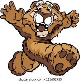 Smiling Mountain Lion or Cougar Running with Hands Mascot  Vector Illustration