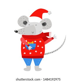 Smiling mouse in clothes and Christmas hat with gift box. Hand drawn vector cute mouse. The rat is Chinese symbol 2020 year. Greeting card. Funny animals celebrate new year.
