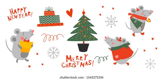 Smiling mouse in clothes, holding a gift, carries a Christmas tree. Hand drawn vector cute mouse. The rat is Chinese symbol 2020 year. Funny animals celebrate new year. Cartoon character for kids.