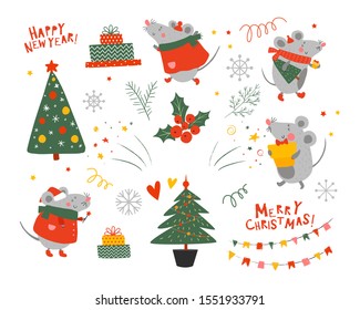 Smiling mouse in clothes, holding a gift, carries a Christmas tree. Hand drawn vector cute mouse. The rat is Chinese symbol 2020 year. Funny animals celebrate new year. Cartoon character for kids.