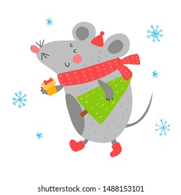 Smiling mouse with gift box and Christmas tree. Hand drawn vector cute mouse. The rat is Chinese symbol 2020 year. Greeting card. Funny animals celebrate new year. Cartoon character for kids.