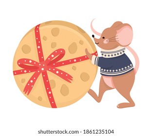 Smiling Mouse as New Year Character in Knitted Sweater Pushing Huge Cheese Wheel Vector Illustration