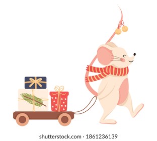 Smiling Mouse as New Year Character in Warm Scarf Pulling Trolley with Wrapped Gift Boxes Vector Illustration