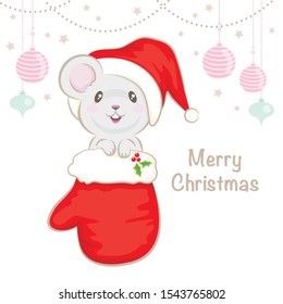 Smiling Mouse Wearing Christmas Hat Sitting In The Christmas Glove With Hanging Christmas Decoration 