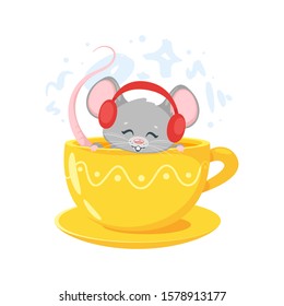Smiling mouse in yellow cup. Cute little animal listening music in red headphones. Mousy chartoon character isolated on white. Kawaii pet flat vector illustration. Chinese zodiac symbol, new year art