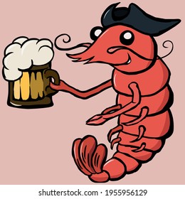 Smiling moustached red pirate shrimp with beer mug