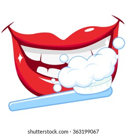 Smiling mouth, brushing teeth with a toothbrush. Vector illustration
