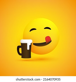 Smiling, Mouth Licking Emoji Enjoying the Taste of the Frothy Drink - Simple Shiny Happy Emoticon with Beer Mug, Enjoying the Taste of the Frothy Drink - Face Icon on Yellow Background - Vector Design