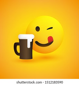 Smiling, Mouth Licking Emoji - Simple Happy Emoticon with Winking Eye and a Glass of Beer on Yellow Background - Vector Design