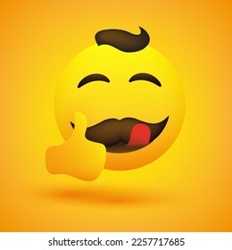 Smiling, Mouth Licking Male Emoji with Mustache and Hair Showing Thumbs Up - Simple Happy Emoticon on Yellow Background - Vector Design for Web and Instant Messaging