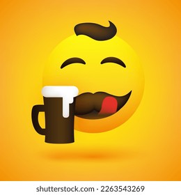 Emoji macho sonriente y tocado de boca con bigote, pelo y jarra de cerveza - Emoticon simple feliz sobre fondo amarillo - Diseño vectorial para mensajería web e instantánea