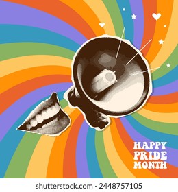 Smiling mouth with Loudspeaker on lgbt radial sunburst rainbow background. Halftone collage megaphone announcing pride month holiday celebration against violence, human rights violation. Vector