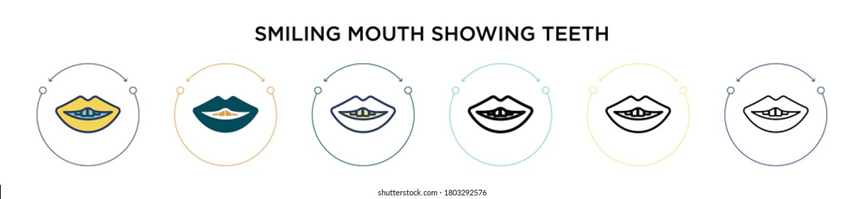 Smiling mouth showing teeth icon in filled, thin line, outline and stroke style. Vector illustration of two colored and black smiling mouth showing teeth vector icons designs can be used for mobile, 