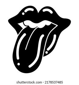 Smiling mouth with tongue hanging out. Vintage 80-90s rock and roll. Cartoon rock star icon for music band, concert, party. Punk doodle. Vector illustration. Isolated element on white background.