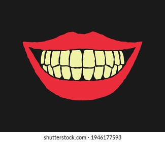 Smiling mouth vector illustration. Facial expression sketch. Smile and smear or joke logo. Laugh symbol. dental sign. Lips and teeth ink style drawing.