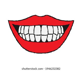 Smiling mouth vector illustration. Facial expression sketch. Smile and smear or joke logo. Laugh symbol. dental sign. Lips and teeth ink style drawing.