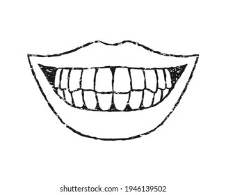 Smiling mouth vector illustration with grunge texture. Facial expression sketch. Smile and smear or joke logo. Laugh symbol. dental sign. Lips and teeth ink style drawing.