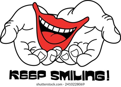 Smiling MOUTH WITH WHITE TEETH in palms. Dentist T-shirt, Print designing on pillows, mugs design with "Keep Smiling" message. Concept of keeping a bright smile. Flat simple design