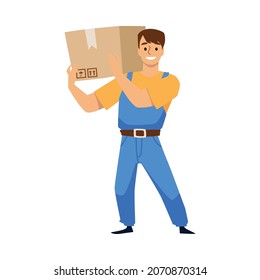 Smiling mover hold carton box on his shoulder. Strong warehouse worker in blue uniform deliver package cargo, cartoon vector illustration. Removal company character isolated on white background.