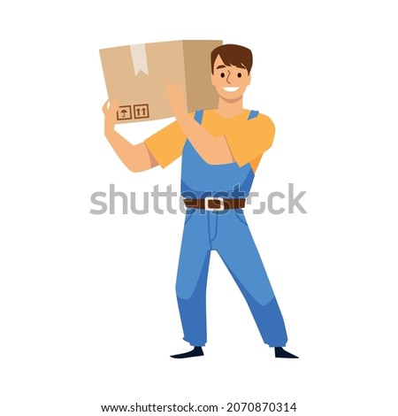Smiling mover hold carton box on his shoulder. Strong warehouse worker in blue uniform deliver package cargo, cartoon vector illustration. Removal company character isolated on white background.