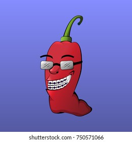 Smiling Mr Chili cute flat logo with gray glasses 