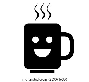 Icono de vector plano de la taza sonriente. Café, taza caliente de té con sonrisa y olas de vapor sobre él