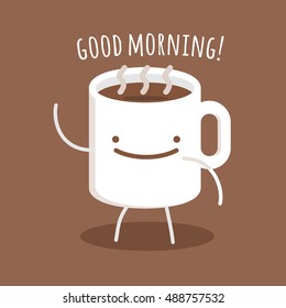 A smiling mug raise hand and smile. says Good Morning greeting