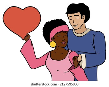 Smiling multi ethnic couple expressing their love, with a heart shaped figure. Design in flat style, isolated over white background.