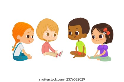 Smiling multicultural kids sit on floor in circle, play and talk. Children's entertainment, preschool and kindergarten activity concept. Vector illustration for website, banner, poster.