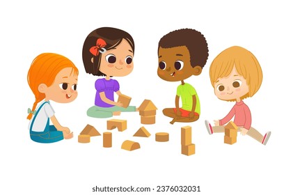 Smiling multicultural kids sit on floor in circle, play with toy cubes and talk. Children's entertainment, preschool and kindergarten activity concept. Vector illustration for website, banner, poster.