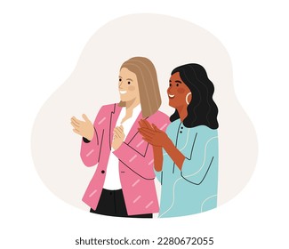 Smiling multicultural women Clapping Hands. Women Applaud, celebrate good deal. Acknowledgement and Gratitude. Flat vector illustration.