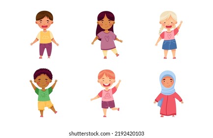 Smiling Multiethnic Boy and Girl Character Greeting Waving Hands and Standing Vector Set