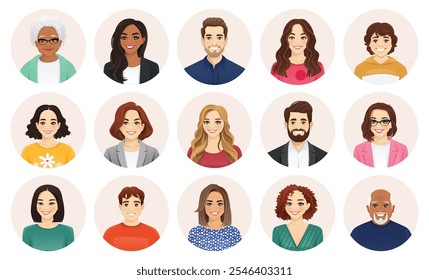 Sorrindo multiétnico diversidade pessoas avatar set. Diferentes homens e mulheres personagens coleção. Ilustração isolada de vetor.